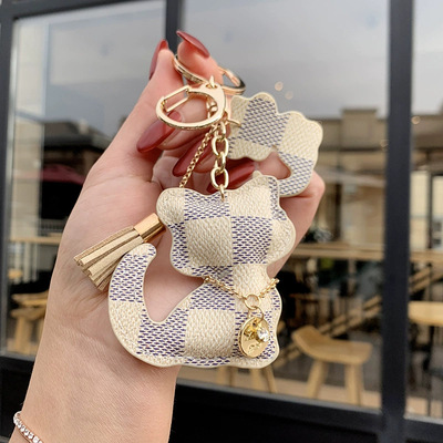 Leather padded kitten key ring creative old flower light luxury women bag pendant cute car pendant small gift
