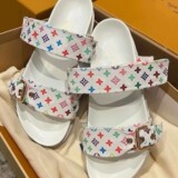 Louis Vuitton 26 Slippers Hook-and-Loop Flat Sandals Floral Sandals Genuine Leather