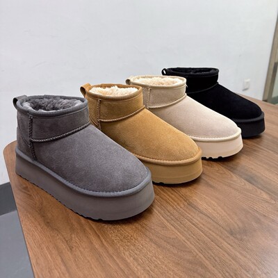 Zhou Dongyu Women's Inner Heightening Snow Boots 4cm Short Calf Leather Thick Sole Warm Bread Shoes Winter Cotton Boots UGG