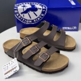 Birken 2026 new leather vintage style Birkenstock women open toe flip-flops three row square buckle platform casual sandal