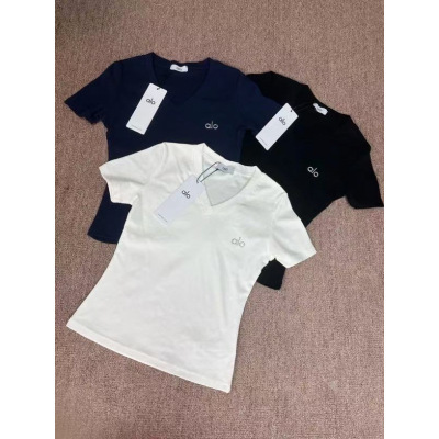 alo 2025 summer high short sleeve t-shirt new bamboo knuckle cotton t-shirt slim collar peach heart top slim version women alo