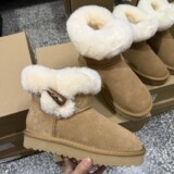 Women's Sangpo Village Sheepskin Thick Sole Snow Boots 2026 Winter New Cotton Shoes Genuine Leather Fur Horn Button UGG