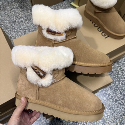 Women's Sangpo Village Sheepskin Thick Sole Snow Boots 2026 Winter New Cotton Shoes Genuine Leather Fur Horn Button UGG