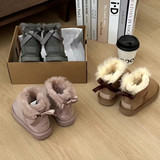 2026 Winter Single Silk Band Bow Children's Snow Boots Short Sheepskin Fleece Integrated Thickened Thermal Anti-slip Cotton Shoes UGG