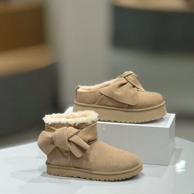 Bow knot fur heightening snow boots women 2026 winter fleece fur one-piece warm slip on padded shoes UGG
