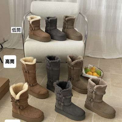 Sangpo snow boots women winter new leather buckle knight boots fleece padded cotton shoes sheepskin wool one-piece long boots UGG