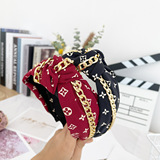 Louis Vuitton European and American style metal chain knotted headband wide edge fabric print headband simple personality vintage old flower hair accessories