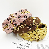 Louis Vuitton European and American style metal chain knotted headband wide edge fabric print headband simple personality vintage old flower hair accessories