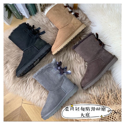 2026 classic burst snow boots women sheepskin fur double ribbon bow winter thickened warm mid calf boots UGG