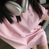 High quality Alo summer new small letter three-dimensional silver label medium long short sleeve casual all-match hip cover cotton t-shirt