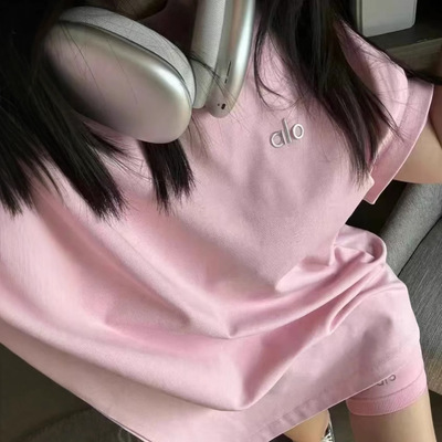 High quality Alo summer new small letter three-dimensional silver label medium long short sleeve casual all-match hip cover cotton t-shirt